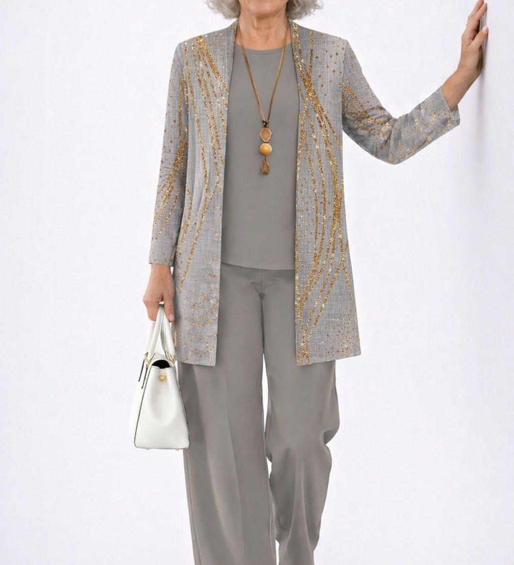 Alison 3-piece set: blue-and-gold printed open cardigan with gray top and trousers