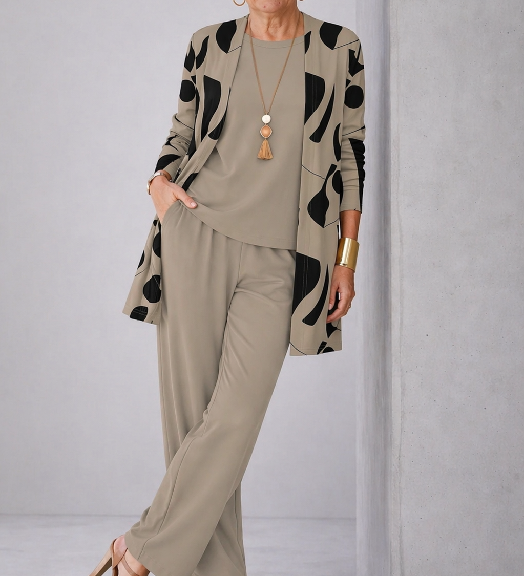 3-piece womens set with beige top, black pattern kimono cardigan, and wide-leg pants