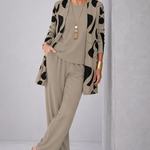 3-piece womens set with beige top, black pattern kimono cardigan, and wide-leg pants