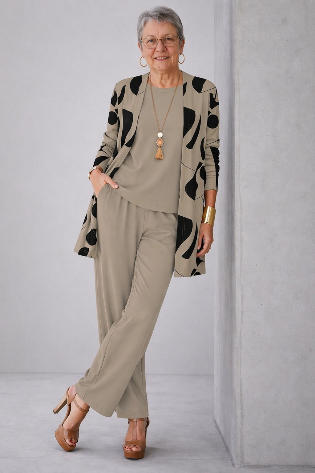 3-piece womens set with beige top, black pattern kimono cardigan, and wide-leg pants