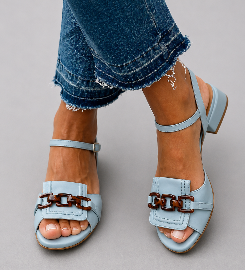 Light blue sandals with double buckle straps and block heel