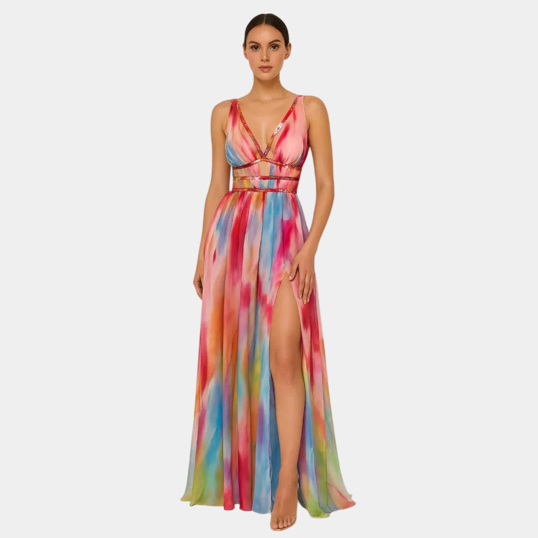 Sleeveless long printed maxi dress, multicolor abstract print; V-neck and high side slit.