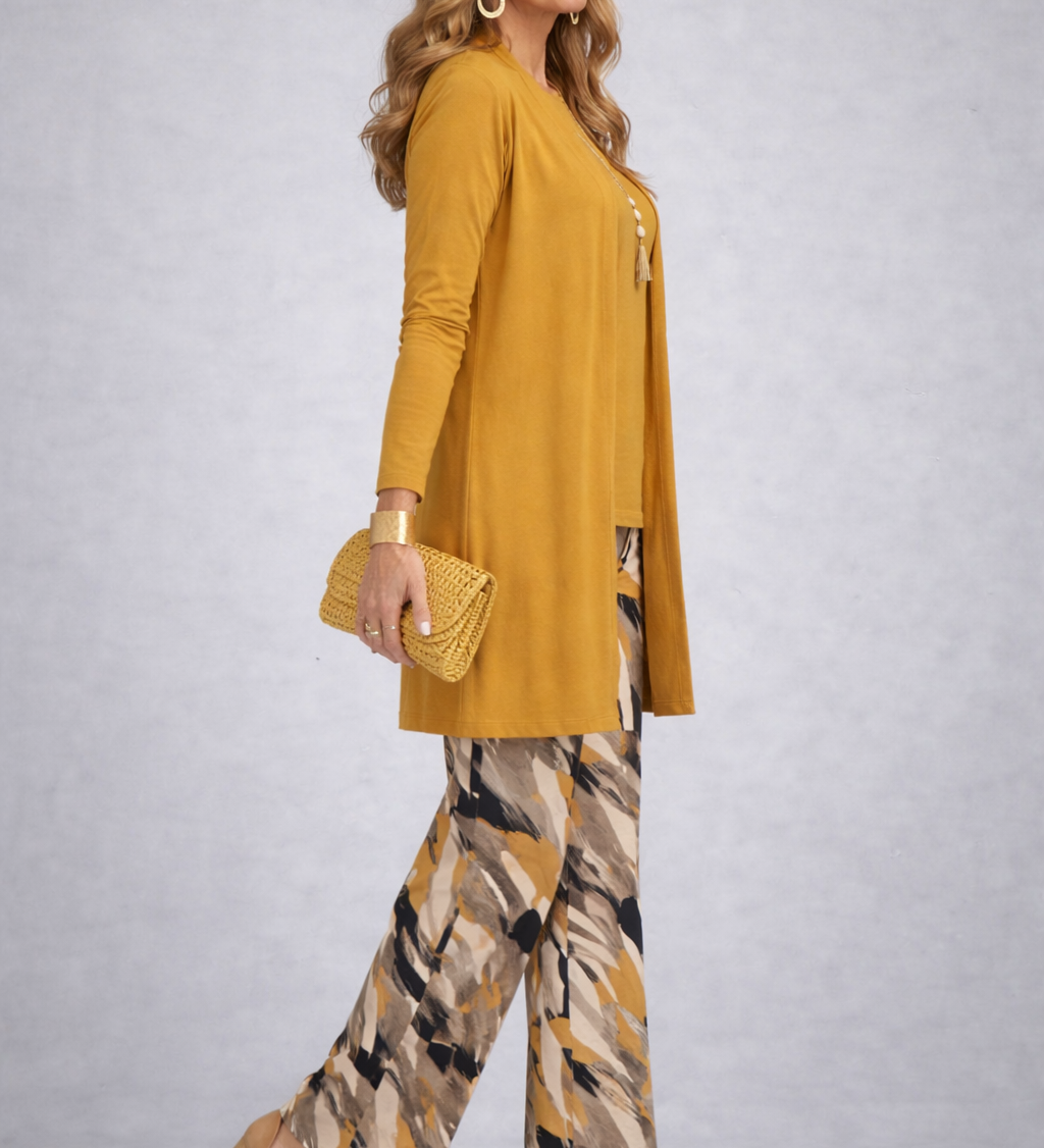 Faelina 3-piece set in mustard with long tunic and patterned wide-leg pants