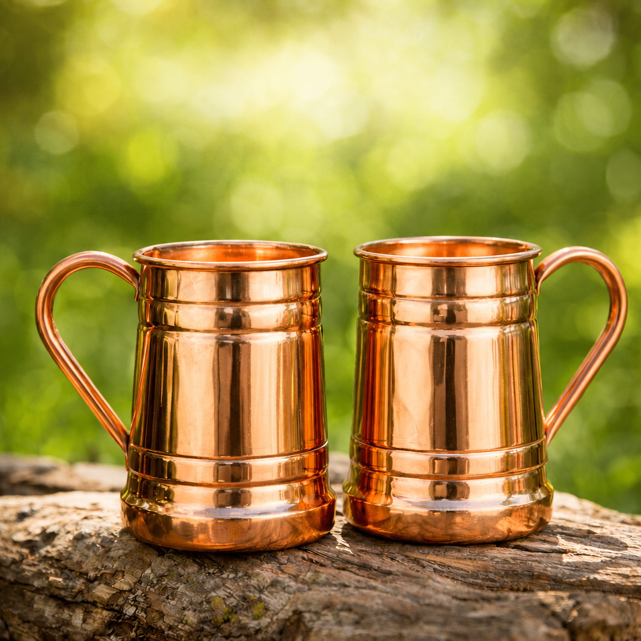 Two copper mugs with matching handles and ridged sides on an outdoor log
