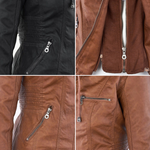 Biker-style jacket collage showing silver zippers and pockets in dark and tan browns