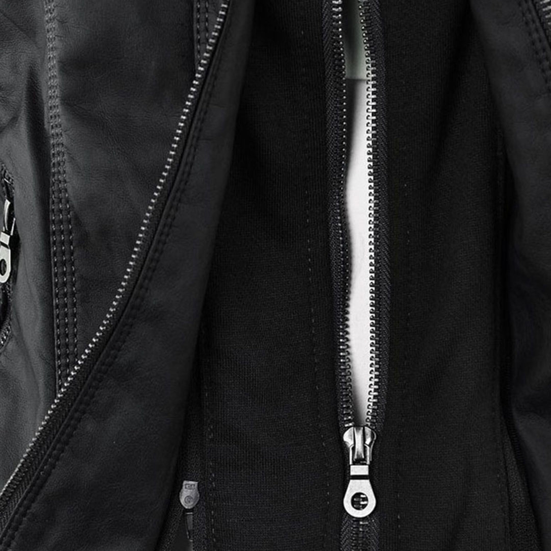Black biker-style jacket with silver front zipper and stitched panel detail