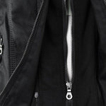 Black biker-style jacket with silver front zipper and stitched panel detail