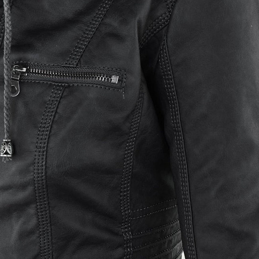 Black biker-style jacket with zip chest pocket and vertical zip panel