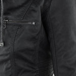 Black biker-style jacket with zip chest pocket and vertical zip panel