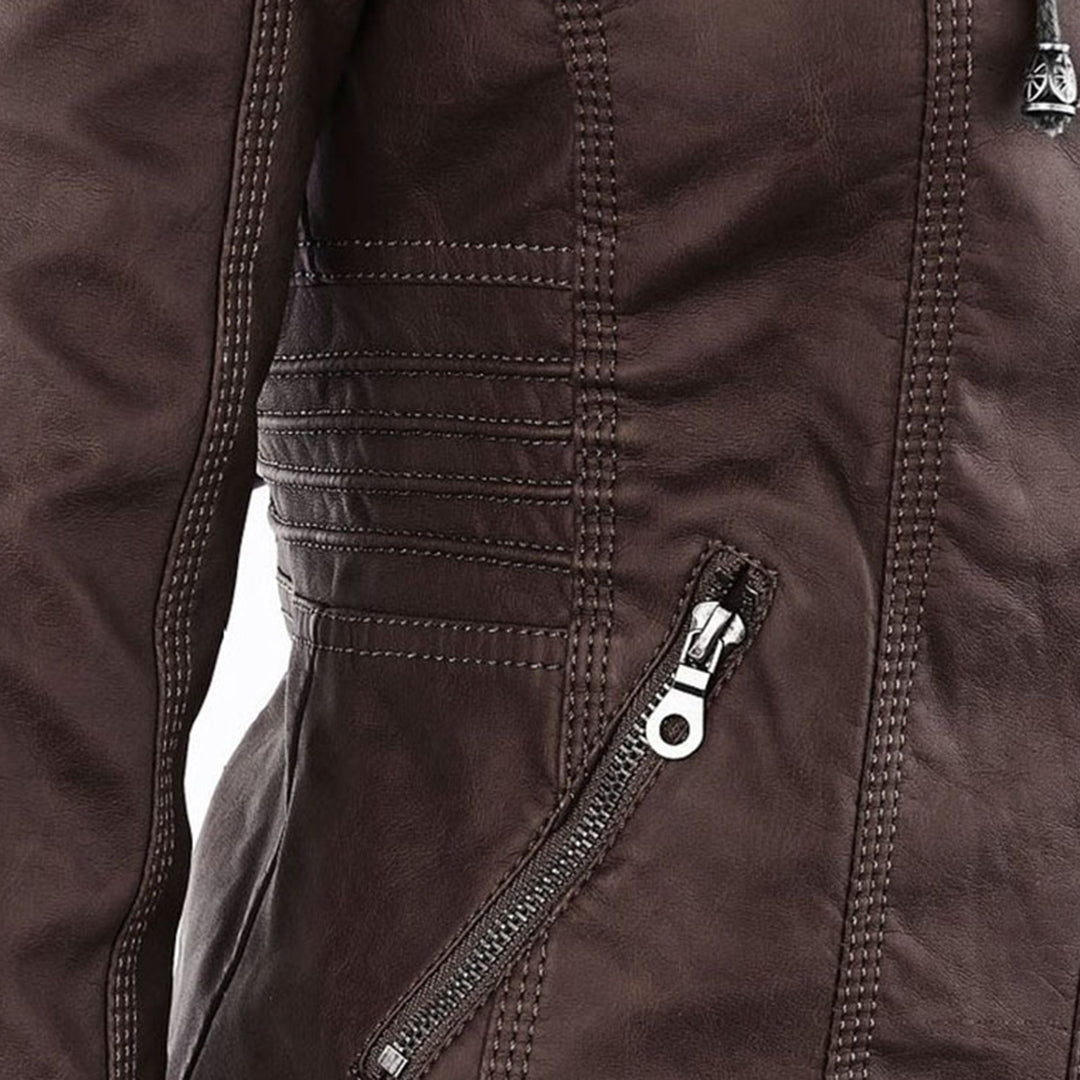 Chocolate-brown biker-style jacket with side zip pocket and stitched panel details