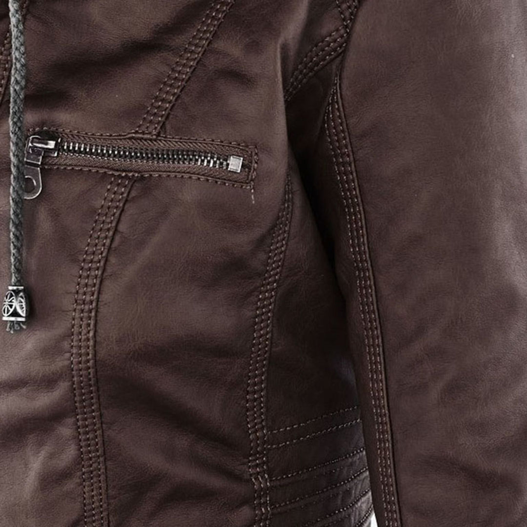 Brown biker-style jacket with zip chest pocket and reinforced seam stitching