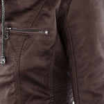 Brown biker-style jacket with zip chest pocket and reinforced seam stitching