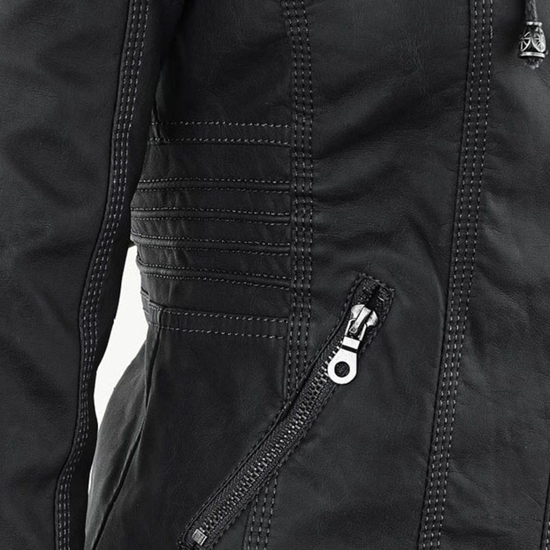 Black biker-style jacket with side zip pocket and quilted shoulder seam lines