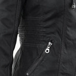 Black biker-style jacket with side zip pocket and quilted shoulder seam lines