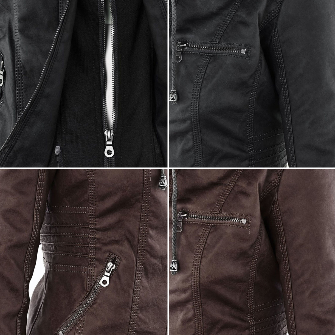 Biker-style jacket close-up with zippers and pockets, shown in black and brown