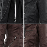 Biker-style jacket close-up with zippers and pockets, shown in black and brown
