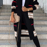 Long cardigan with black base, beige horizontal stripes, and red accent lines.