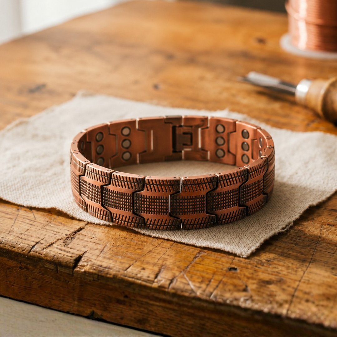 Wide copper cuff bracelet with geometric pattern link segments