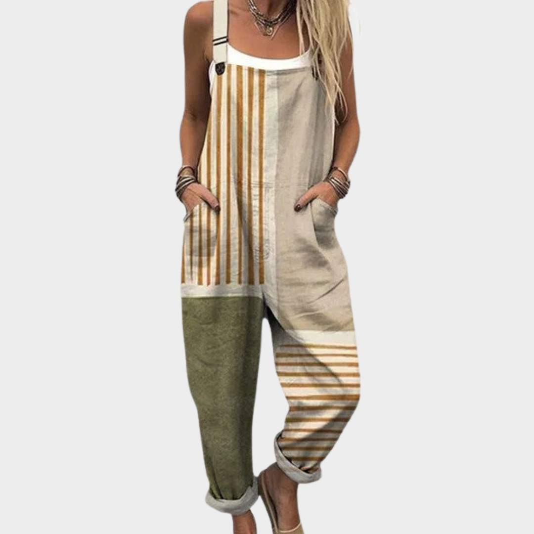 Loose striped printed sleeveless overalls with adjustable straps, beige and green