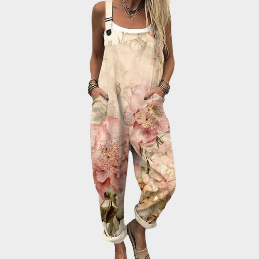Beige loose printed overalls with adjustable straps and wide legs