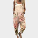 Beige loose printed overalls with adjustable straps and wide legs