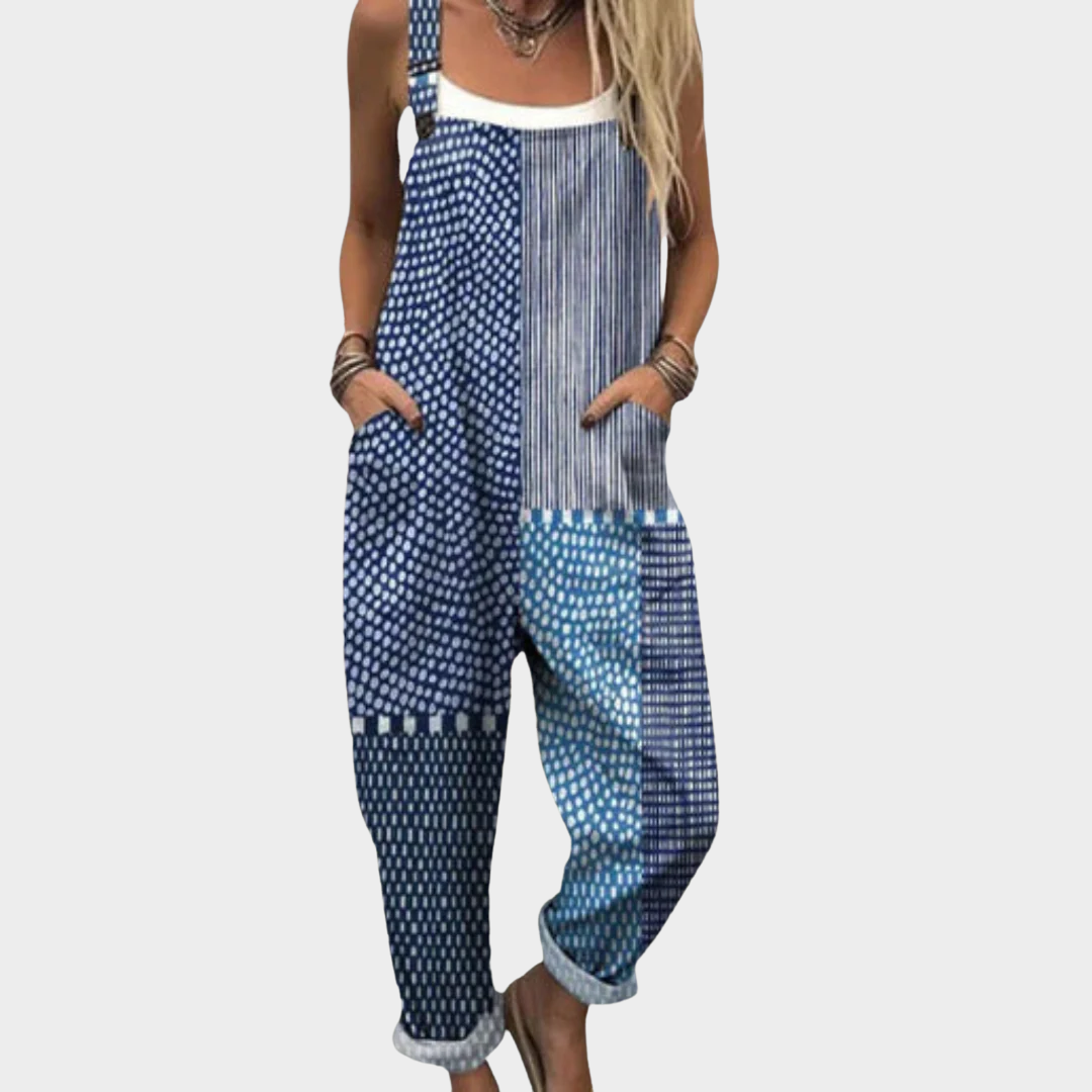 Blue printed sleeveless loose jumpsuit with patchwork dot and stripe pattern