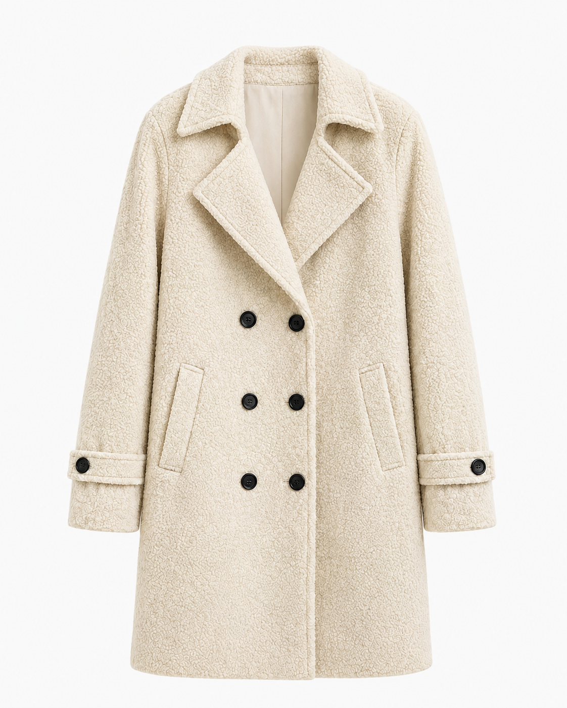 Cream double-breasted comfort coat with notched lapels and button front