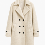 Cream double-breasted comfort coat with notched lapels and button front