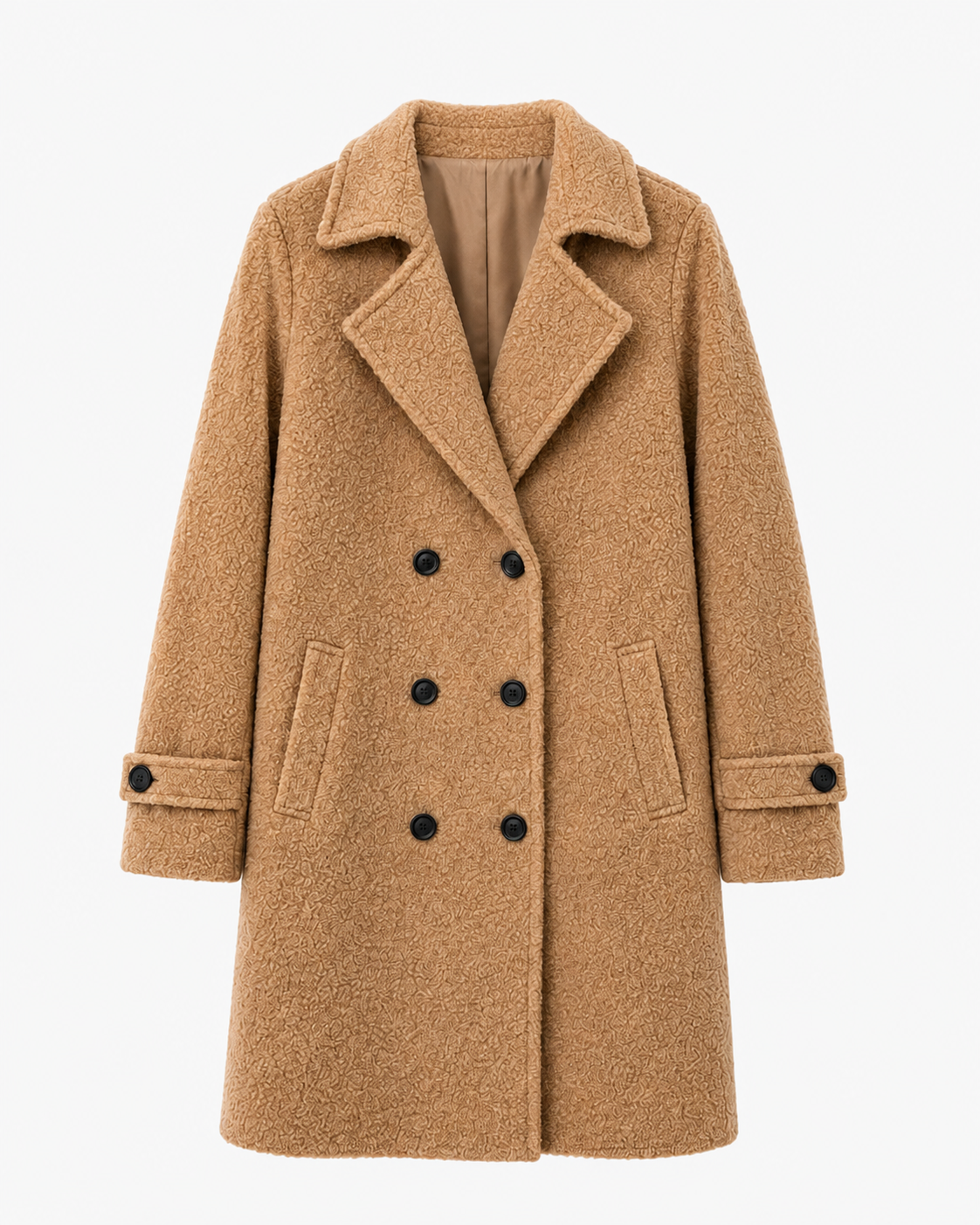 Camel tan double-breasted coat with notched lapels, button front, and side pockets