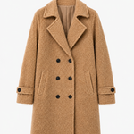 Camel tan double-breasted coat with notched lapels, button front, and side pockets