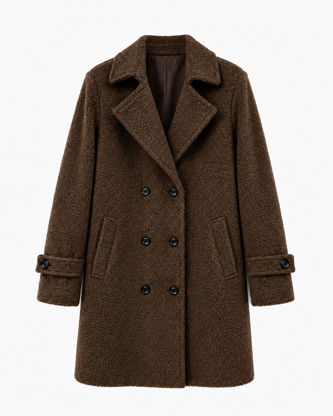Brown double-breasted coat with notched lapels, long sleeves, button front