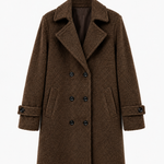 Brown double-breasted coat with notched lapels, long sleeves, button front