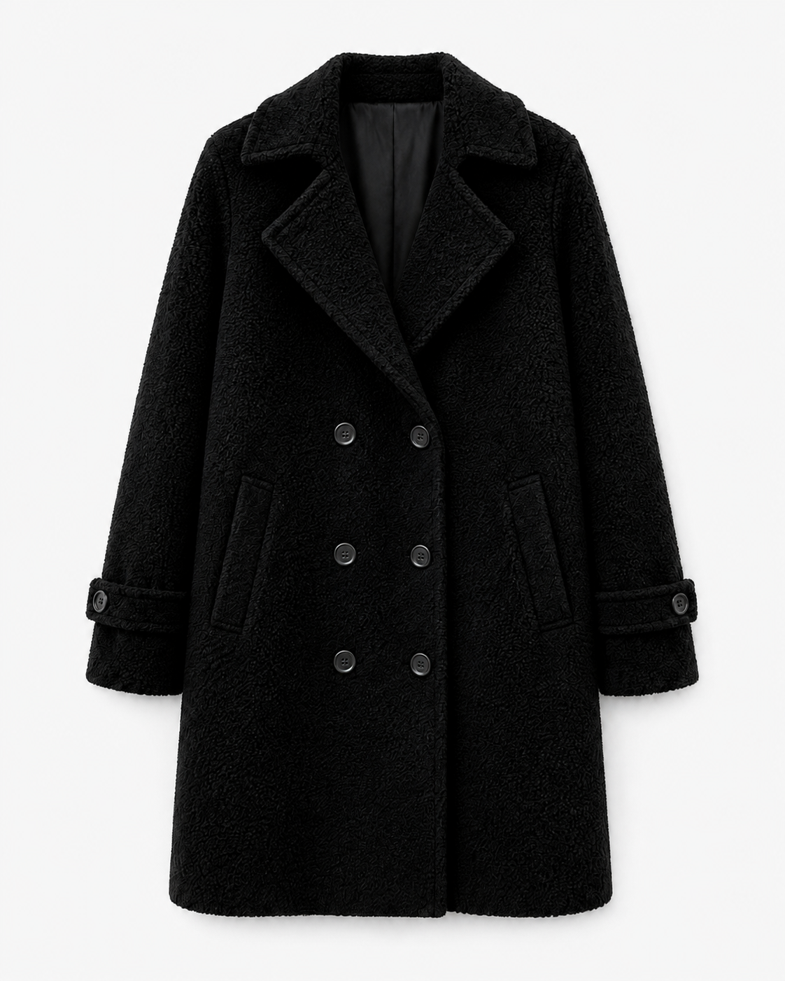 Black double-breasted comfort coat with notched lapels and button front