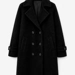 Black double-breasted comfort coat with notched lapels and button front