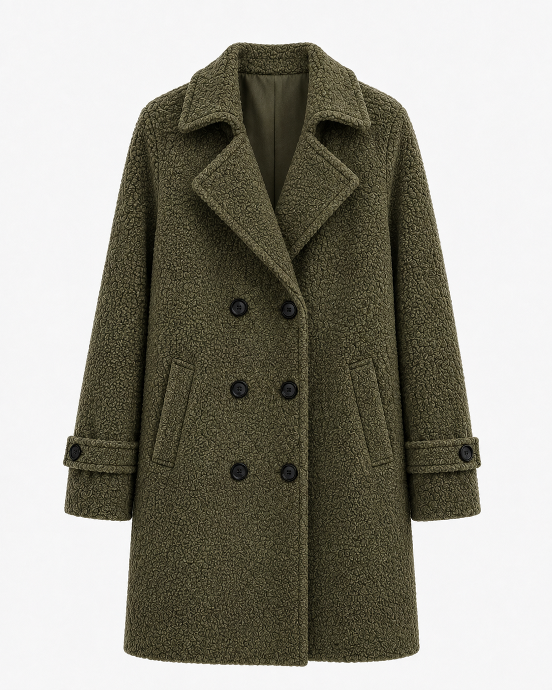 Olive green double-breasted coat with notched lapels, button front, and side pockets