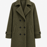 Olive green double-breasted coat with notched lapels, button front, and side pockets