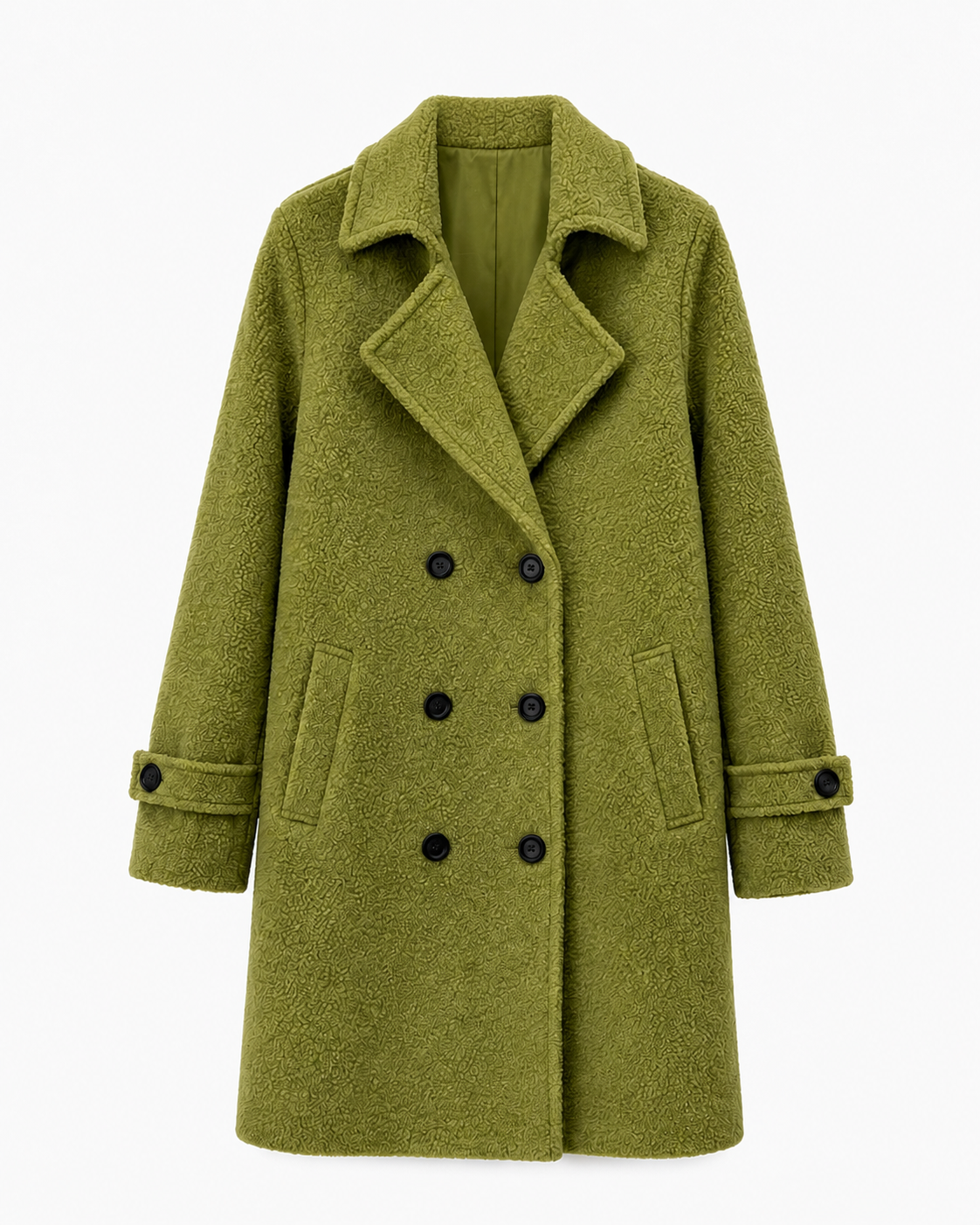 Olive green double-breasted comfort coat with notched lapels and button front