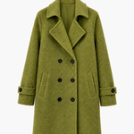 Olive green double-breasted comfort coat with notched lapels and button front