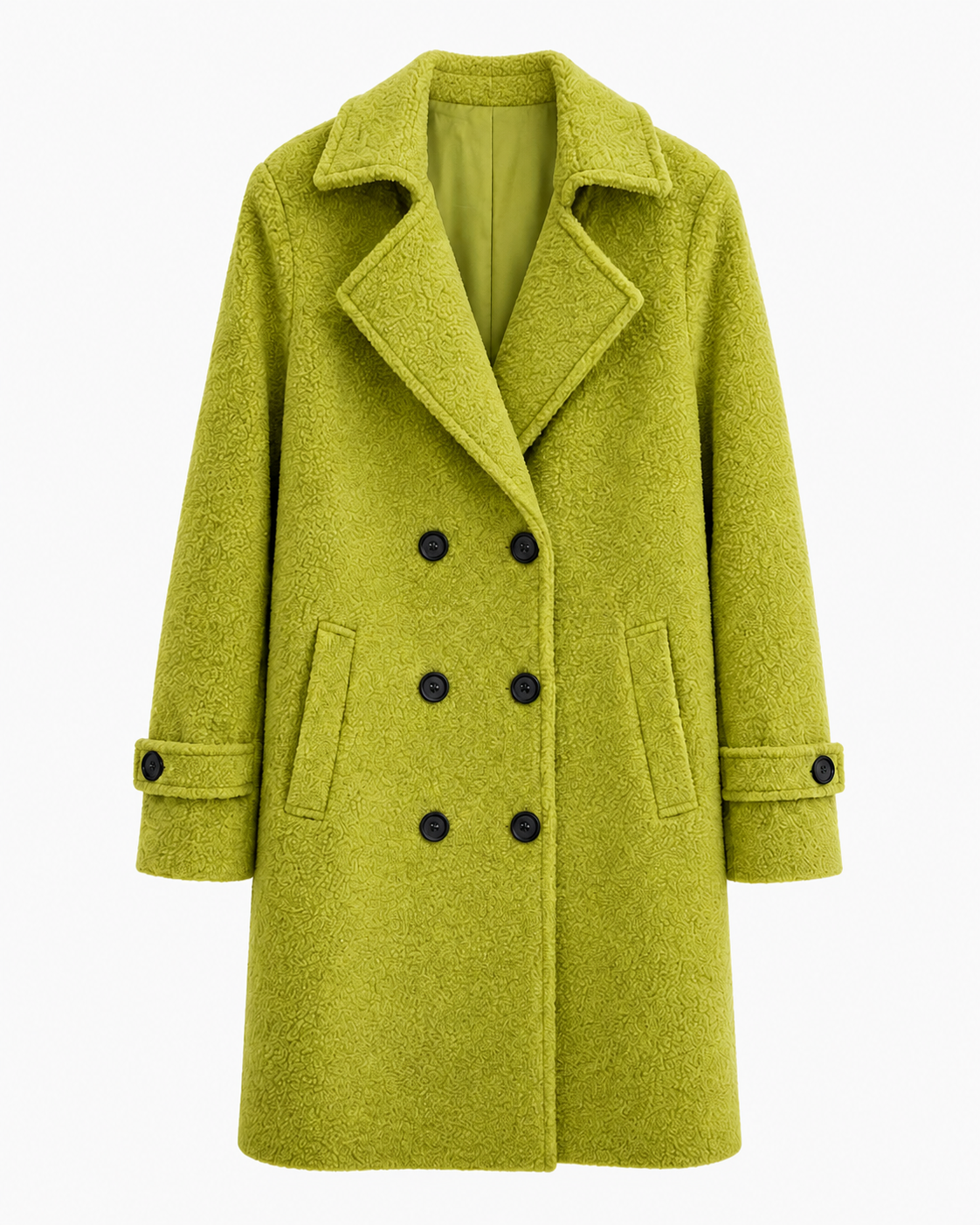 Bright green double-breasted comfort coat with notched lapels and button front