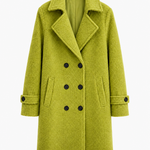 Bright green double-breasted comfort coat with notched lapels and button front