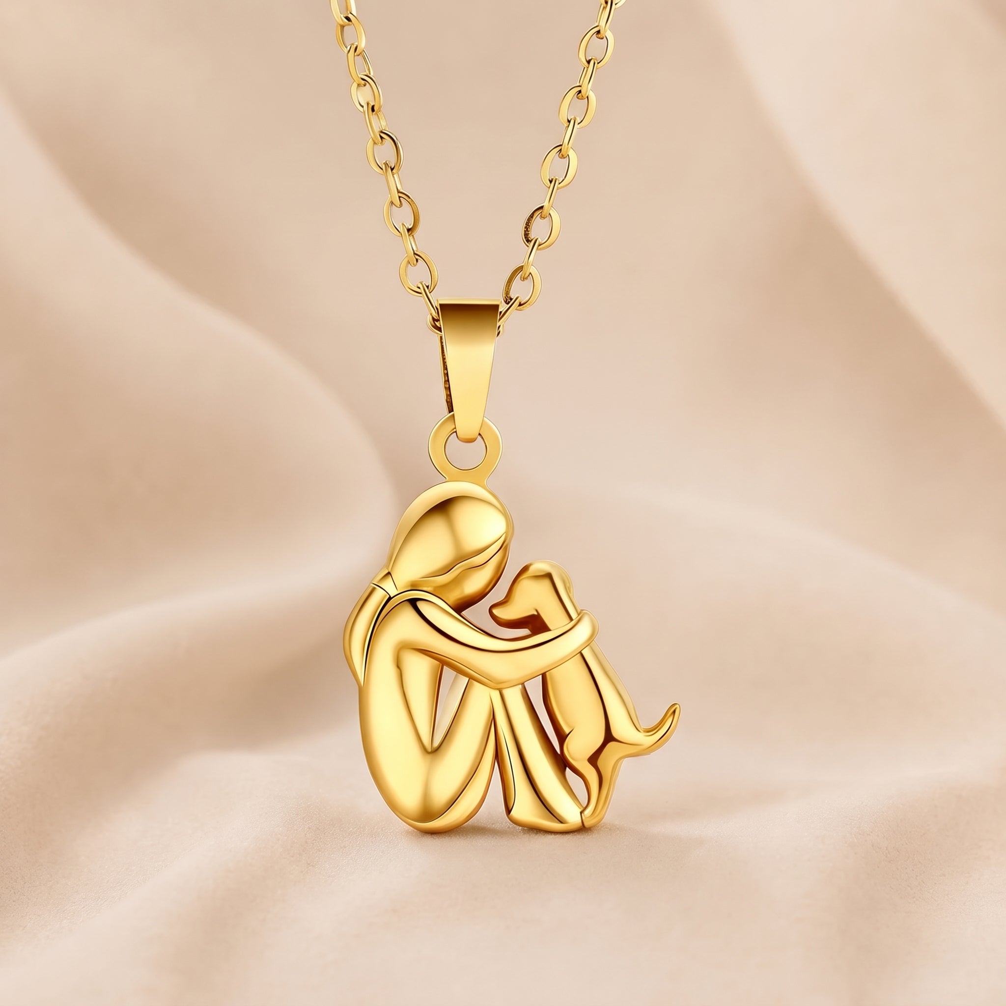 All-gold hugging cat pendant necklace, gold-tone charm with linked chain