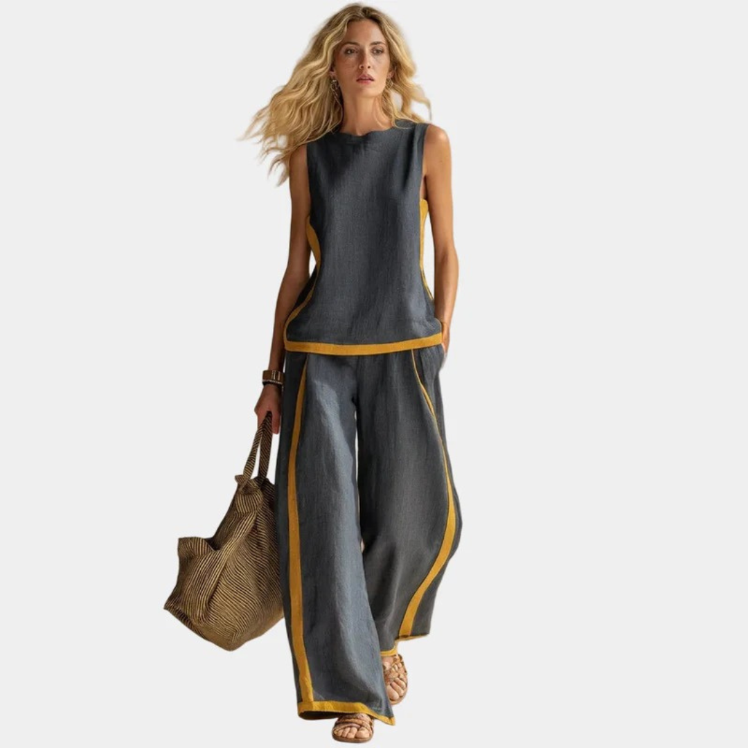 Gray linen-and-cotton sleeveless top and wide-leg pants set with mustard trim