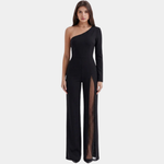 Daniella black one-shoulder jumpsuit with long sleeve and mesh side slit