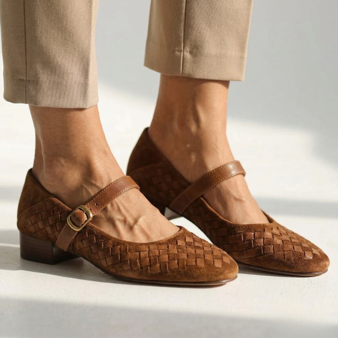 Brown woven leather Mary Jane sandals with ankle strap and gold-tone buckle