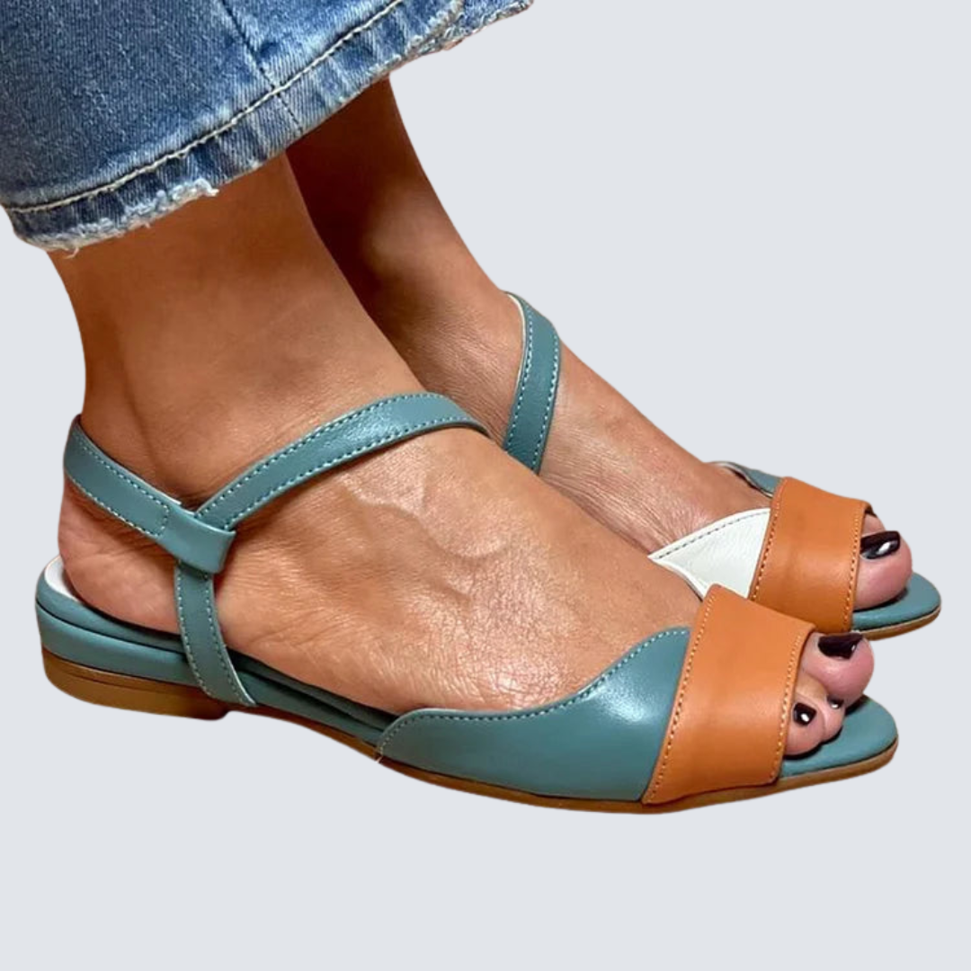 Teal and orange ankle-strap sandals with open toe and adjustable top strap