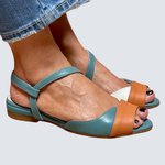 Teal and orange ankle-strap sandals with open toe and adjustable top strap