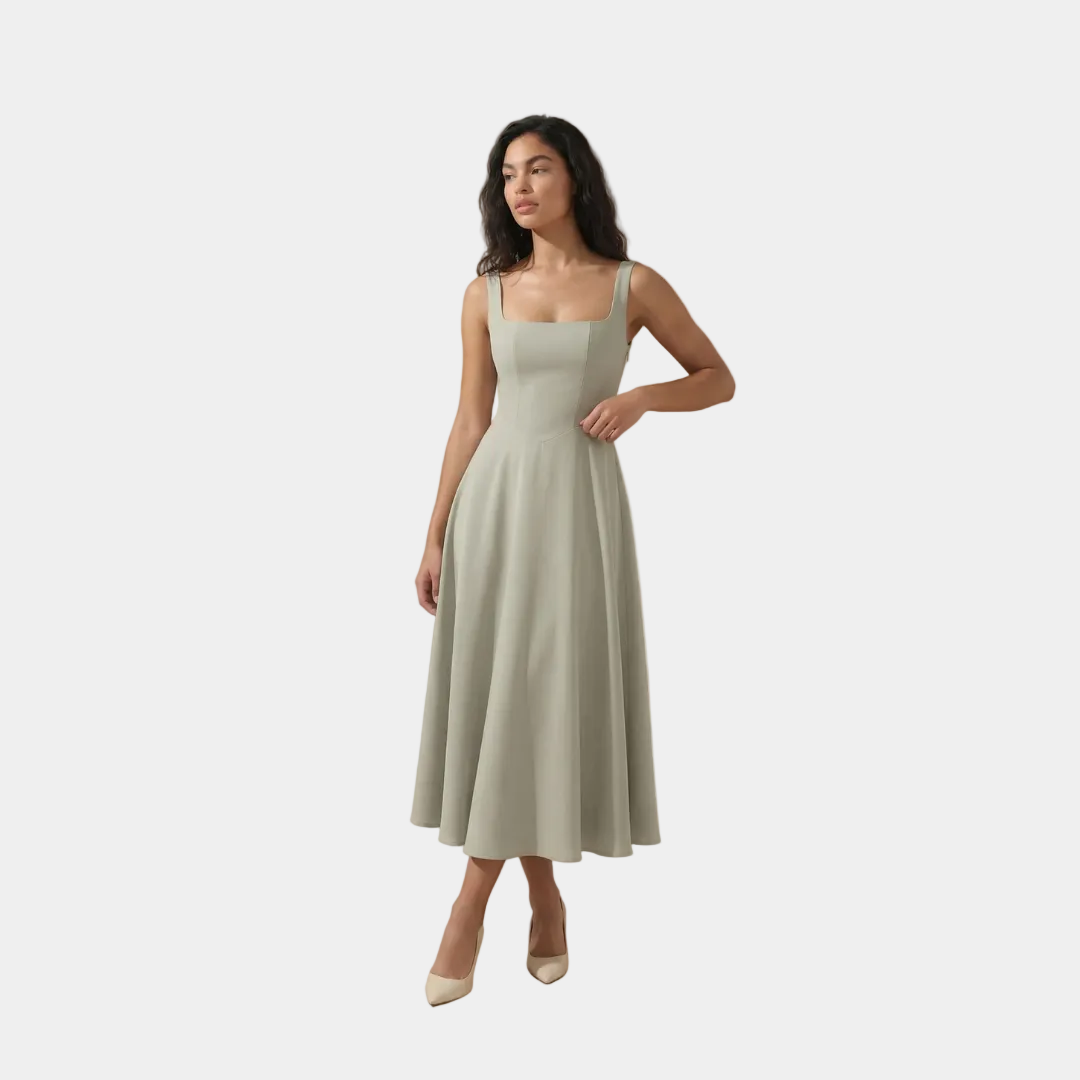 Sage green sleeveless fit-and-flare dress, square neckline and midi skirt