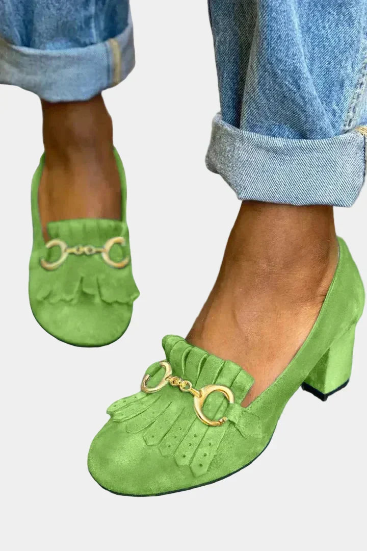 Green suede heeled clog with gold-tone buckle detail and block heel