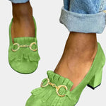 Green suede heeled clog with gold-tone buckle detail and block heel