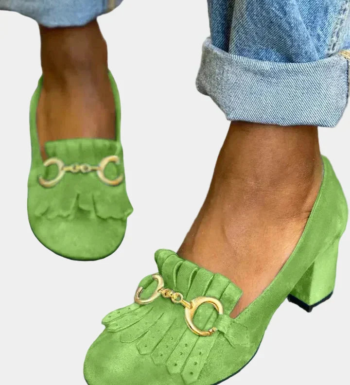 Green suede heeled clog with gold-tone buckle detail and block heel